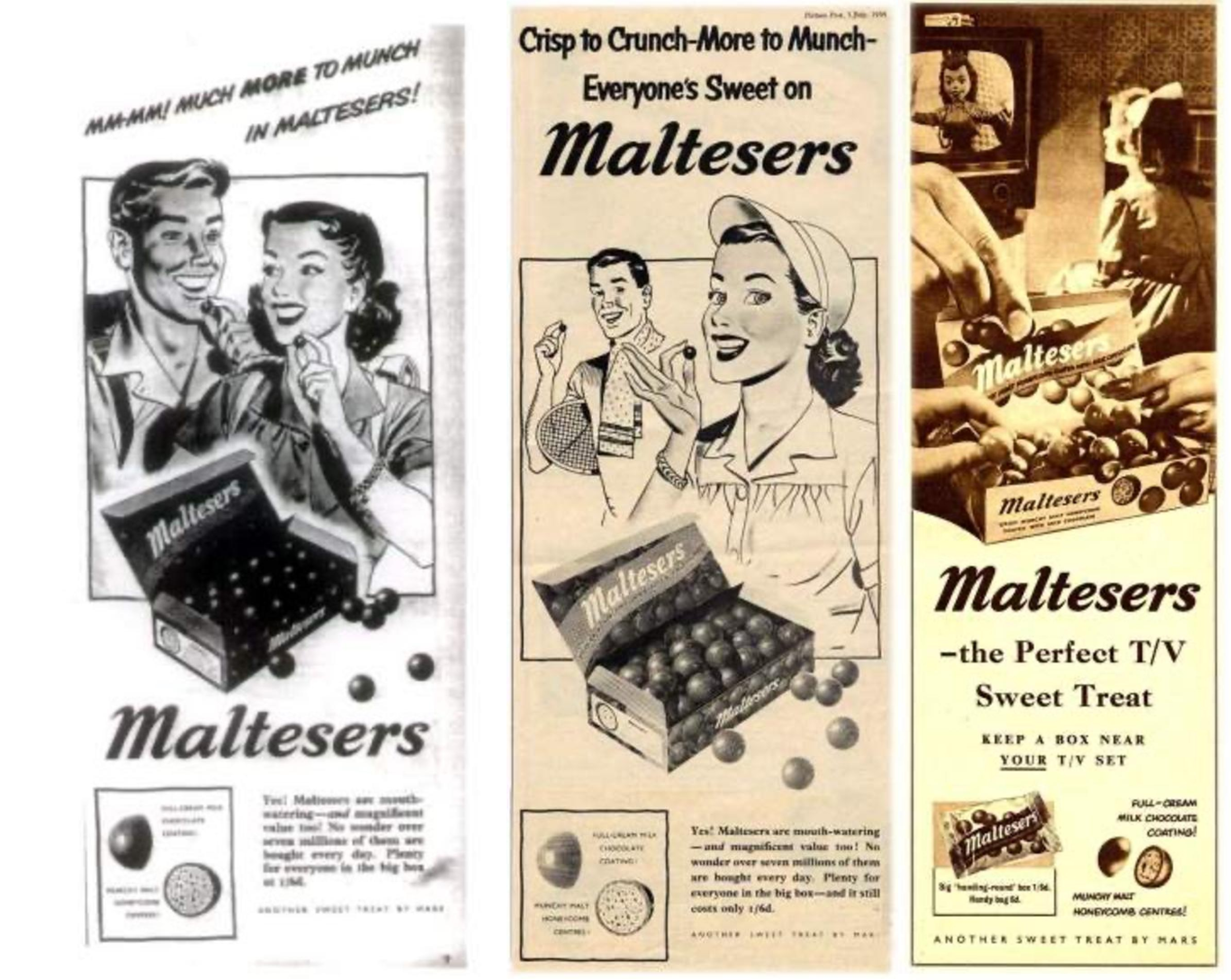 Publicité de Maltesers en noir et blanc des années 1950 montrant un homme et une femme en train de grignoter des Maltesers